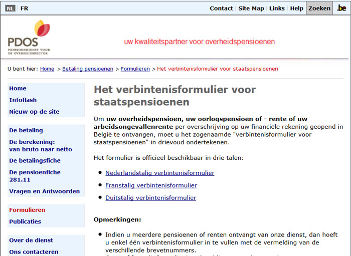 Website PDOS - Het verbintenisformulier voor staatspensioen