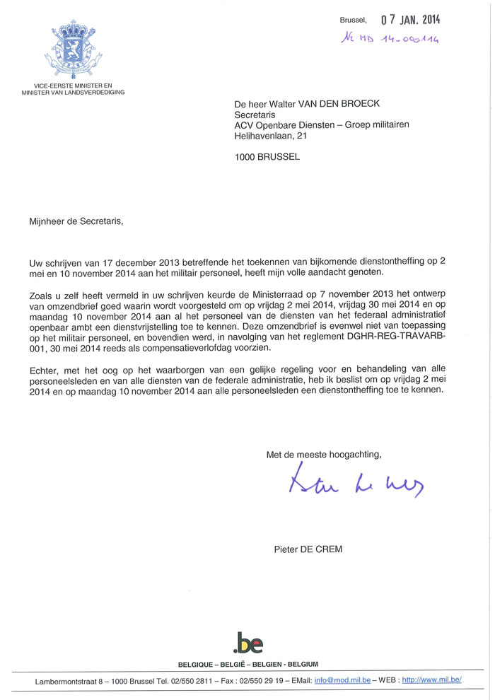 Dienstontheffingen 2014 toegekend door Minister